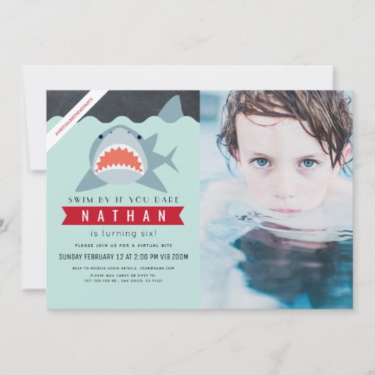 Shark Boy Navy Blue Virtuele Pool Foto Verjaardag Kaart (Voorkant)