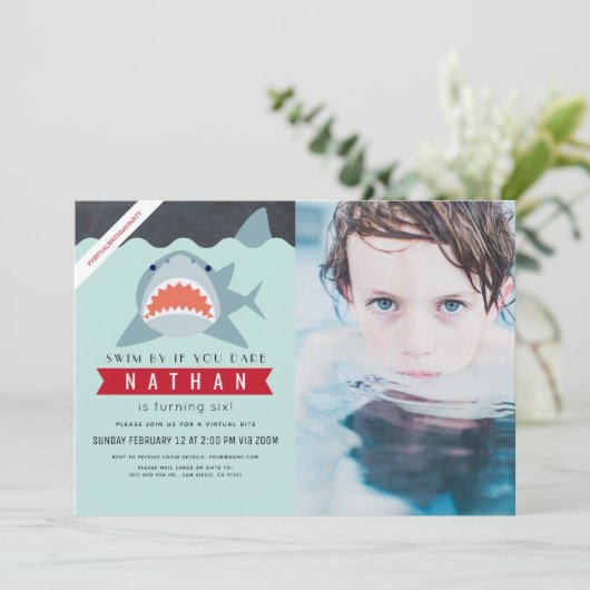 Shark Boy Navy Blue Virtuele Pool Foto Verjaardag Kaart (Staand voorkant)