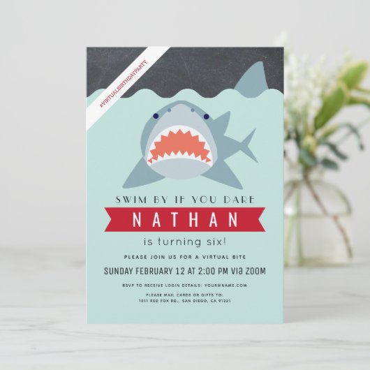 Shark Boy Navy Blue Virtuele Pool Verjaardag Kaart (Staand voorkant)