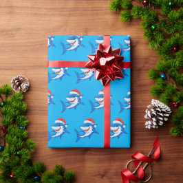 Shark Christmas Santa Hat Gift Blauwe Oceaan Cadeaupapier