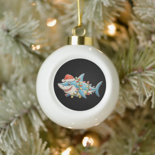 Shark Christmas Santa Hat Xmas Lights Sharkmas Keramische Bal Ornament (Boom)