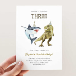 Shark & Dino 3e B'day Uitnodiging, T-rex Shark Par Kaart