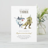 Shark & Dino 3e B'day Uitnodiging, T-rex Shark Par Kaart (Staand voorkant)
