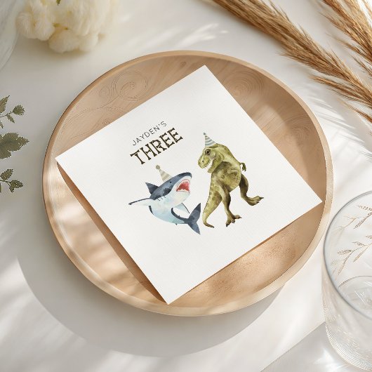 Shark & Dino 3rd Birthday, T-rex Shark Party  Servet