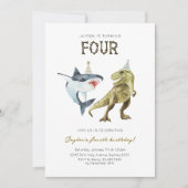 Shark & Dino 4th B'day Invite, T-rex Shark Party Kaart (Voorkant)