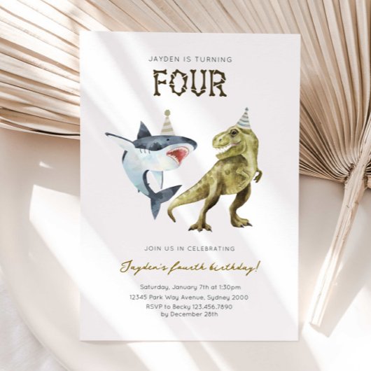 Shark & Dino 4th B'day Invite, T-rex Shark Party Kaart