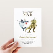 Shark & Dino 5th B'day Invite, T-rex Shark Party Kaart
