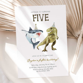 Shark & Dino 5th B'day Invite, T-rex Shark Party Kaart
