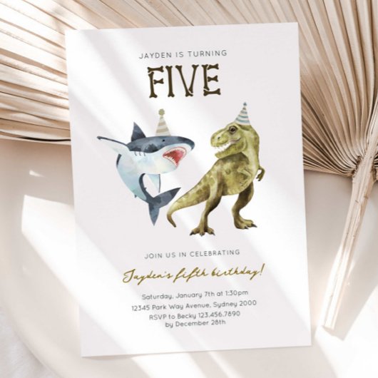 Shark & Dino 5th B'day Invite, T-rex Shark Party Kaart