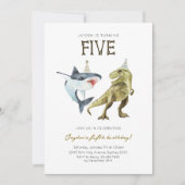 Shark & Dino 5th B'day Invite, T-rex Shark Party Kaart (Voorkant)