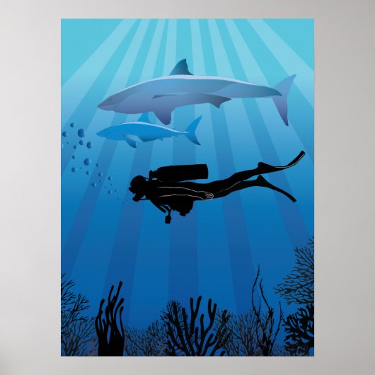 Shark Diving Scuba Diver Poster (Voorkant)