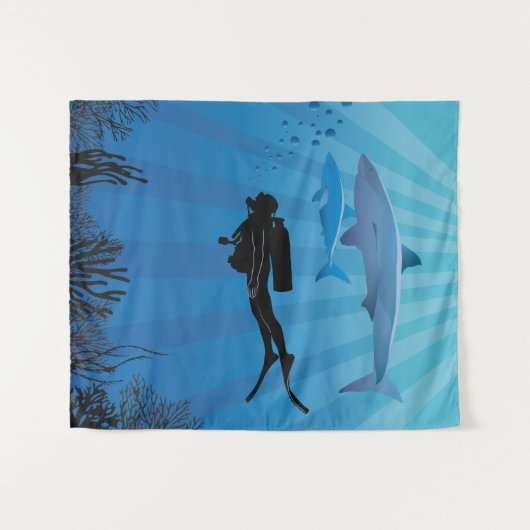 Shark Diving Scuba Diver Wandkleed (Voorkant (horizontaal))