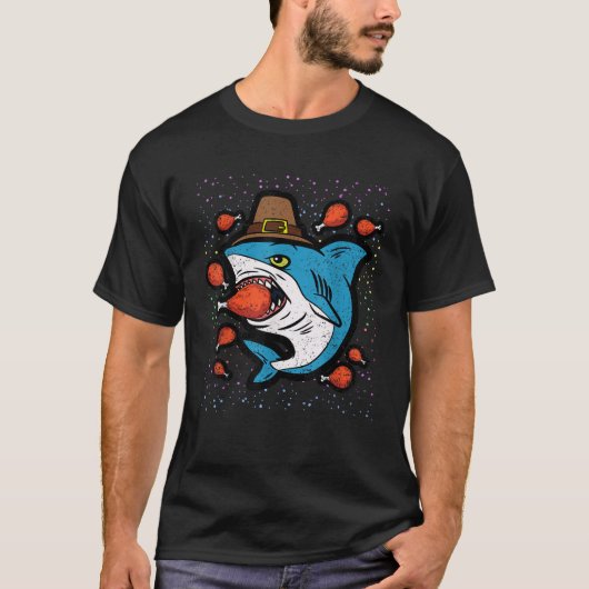 Shark Eating Turkey Leg Thanksgiving Day Funny Fal T-shirt (Voorkant)
