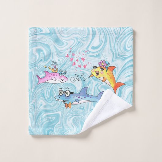 Shark Family Cartoon op Blue Waves Wasdoek Washandje (Wasdoekje)