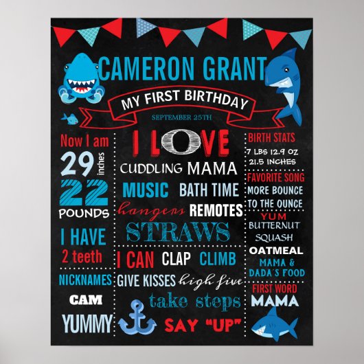 Shark First Birthday-bord voor een jongen Poster (Voorkant)