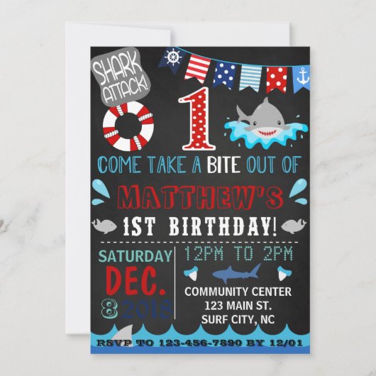 shark first verjaardagsuitnodiging kaart (Voorkant)