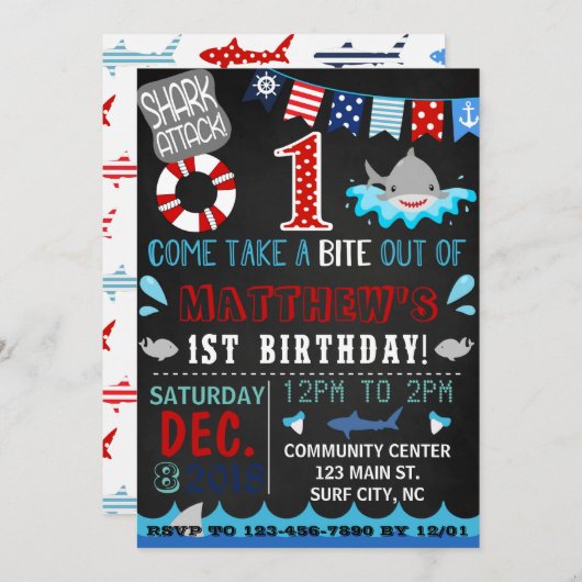 shark first verjaardagsuitnodiging kaart (Voorkant / Achterkant)