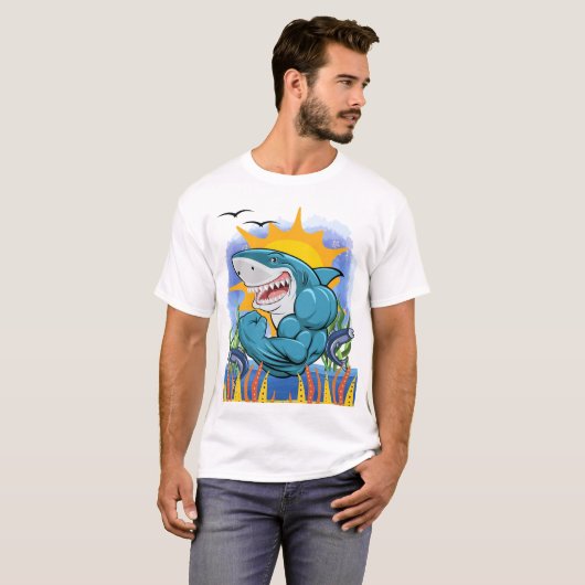 Shark Flexing Muscles Zee Leven en Zonneschijn Uni T-shirt (Voorkant volledig)