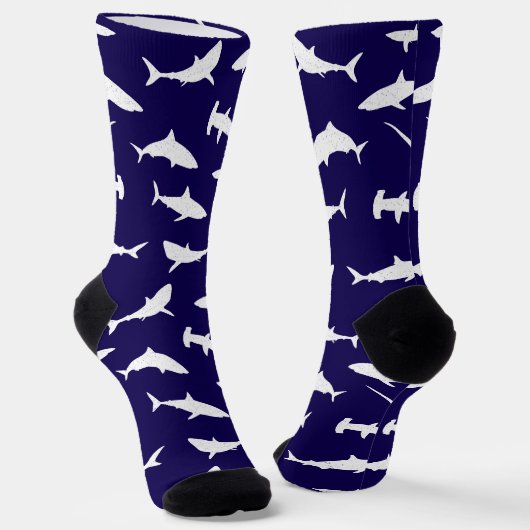 Shark Frenzy Navy blauw en wit patroon Sokken (Gebogen)
