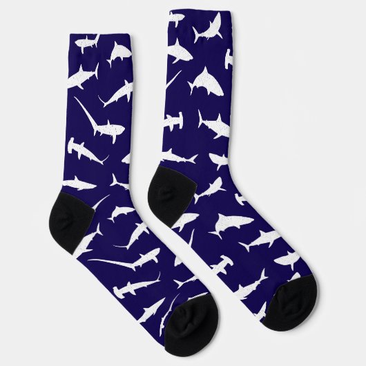 Shark Frenzy Navy blauw en wit patroon Sokken (Rechts)
