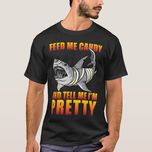 Shark Halloween Costume Feed me Snoep Zeg me dat i T-shirt (Voorkant)