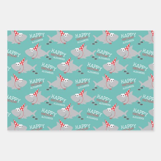 Shark Happy Birthday-naam Inpakpapier Vel (Voorkant)