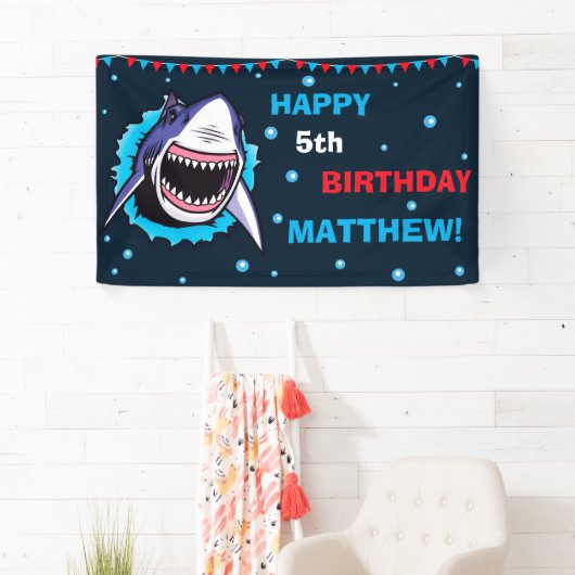 Shark Happy verjaardagsbanner Birthday party banne Spandoek (Insitu)