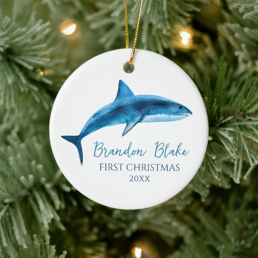 Shark Illustration Boy Baby Eerste Kerstdag Keramisch Ornament (Boom)