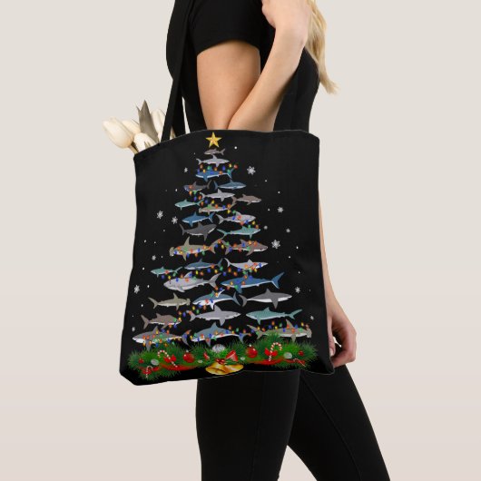 Shark kerstboom, haaienlovers tote bag (Dichtbij)