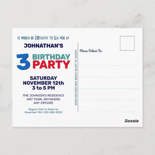 Shark Kids verjaardagsuitnodiging Briefkaart (Achterkant)