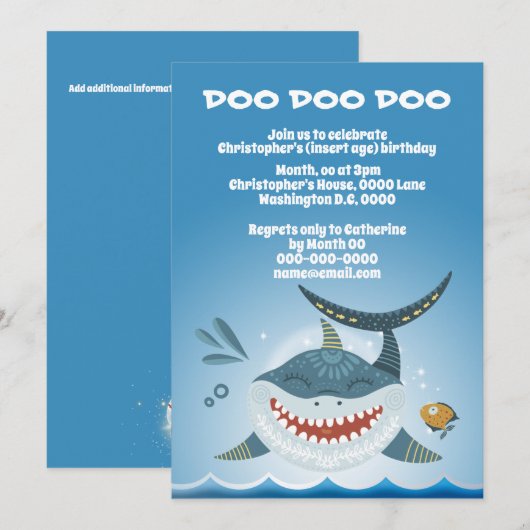 Shark lachende illustratie jongens thema party inv kaart (Voorkant / Achterkant)