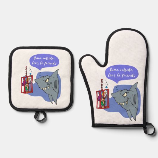 Shark, laten we vrienden zijn ovenwant & pannenlap set (Voorkant)