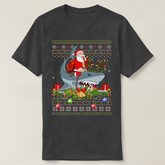 Shark Lover Ugly Santa Riding Shark Kerstmis T-shirt (Design voorkant)