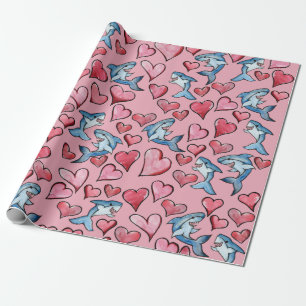 Shark Lovers Sharks and Heart Pattern Valentijn Cadeaupapier