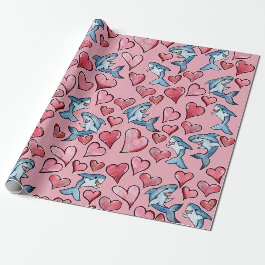 Shark Lovers Sharks and Heart Pattern Valentijn Cadeaupapier (Uitgerold)