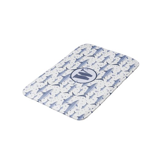 Shark Marine Life Zee Blue Waterverf Monogram Badmat (Gekanteld)