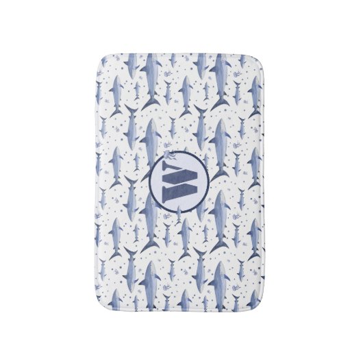 Shark Marine Life Zee Blue Waterverf Monogram Badmat (Voorkant Verticaal)
