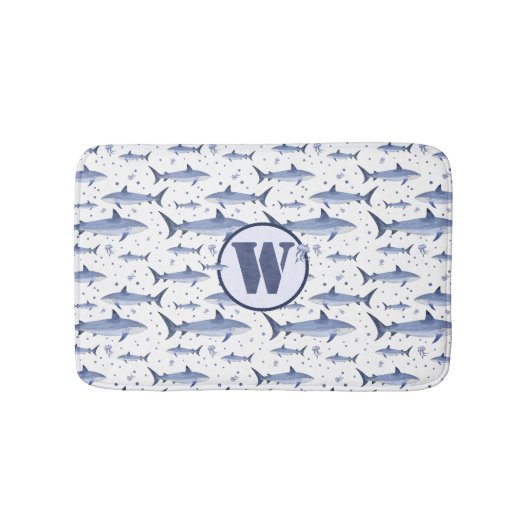 Shark Marine Life Zee Blue Waterverf Monogram Badmat (Voorkant)