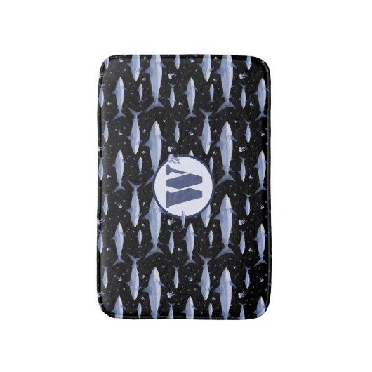 Shark Marine Life Zee Blue Waterverf Monogram Badmat (Voorkant Verticaal)