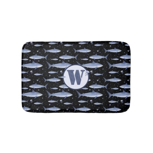 Shark Marine Life Zee Blue Waterverf Monogram Badmat (Voorkant)