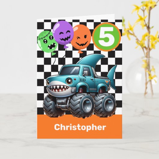 Shark Monster Truck 5e Verjaardag Halloween Kaart (Gele Bloem)