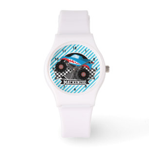 Shark Monster Truck; geruite vlag; blauwe strepen Horloge