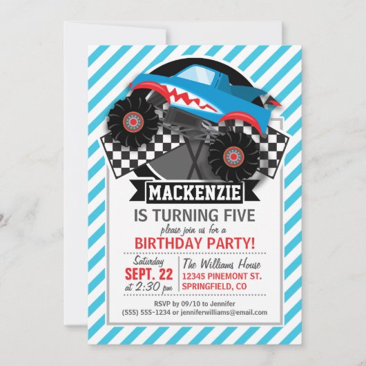 Shark Monster Truck; geruite vlag; blauwe strepen Kaart (Voorkant)