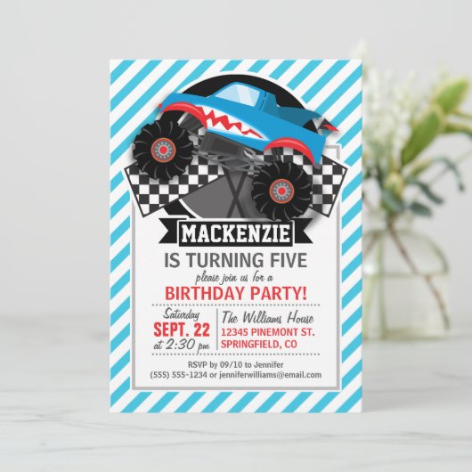 Shark Monster Truck; geruite vlag; blauwe strepen Kaart (Staand voorkant)