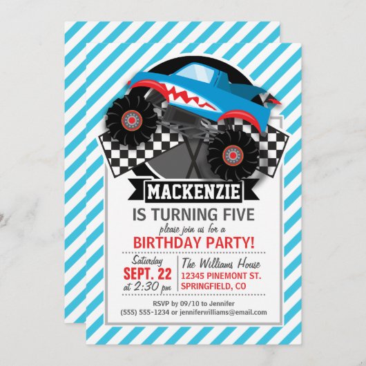 Shark Monster Truck; geruite vlag; blauwe strepen Kaart (Voorkant / Achterkant)