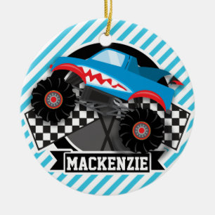 Shark Monster Truck; geruite vlag; blauwe strepen Keramisch Ornament