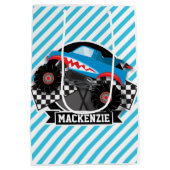 Shark Monster Truck; geruite vlag; blauwe strepen Medium Cadeauzakje (Achterkant)