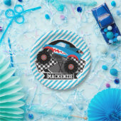 Shark Monster Truck; geruite vlag; blauwe strepen Papieren Bordje (Feest)