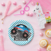 Shark Monster Truck; geruite vlag; blauwe strepen Papieren Bordje (Feest)