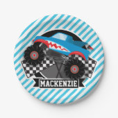 Shark Monster Truck; geruite vlag; blauwe strepen Papieren Bordje (Voorkant)